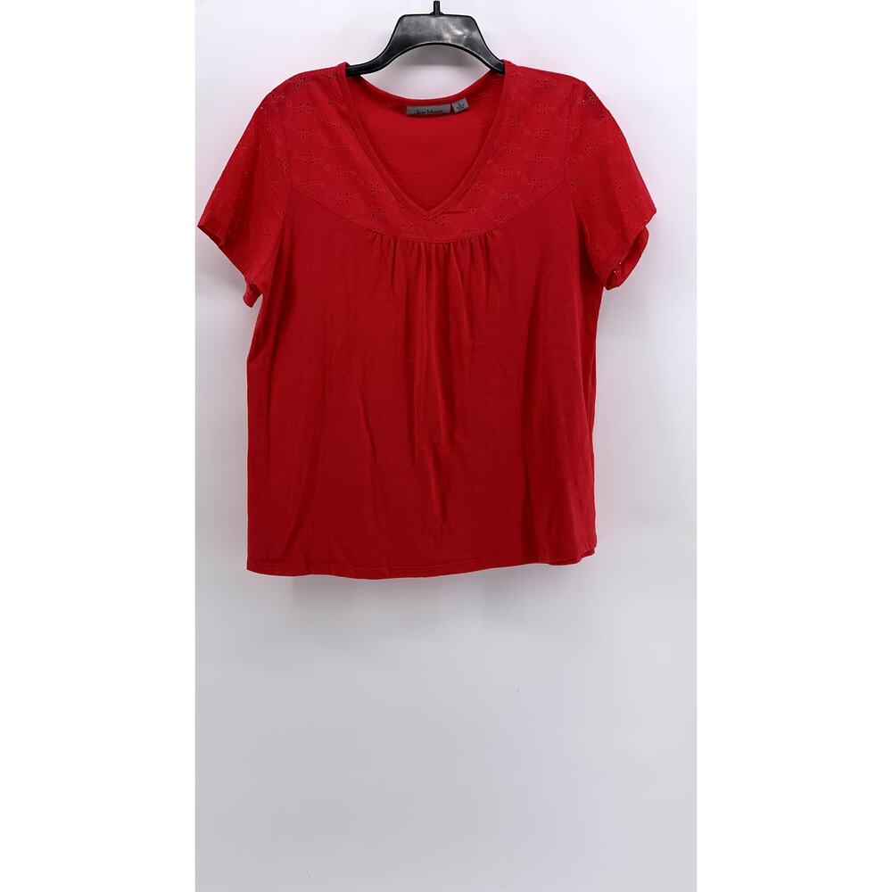 JASON MAXWELL Women's Red Pleated V-Neck Short Sleeve Top SZ L